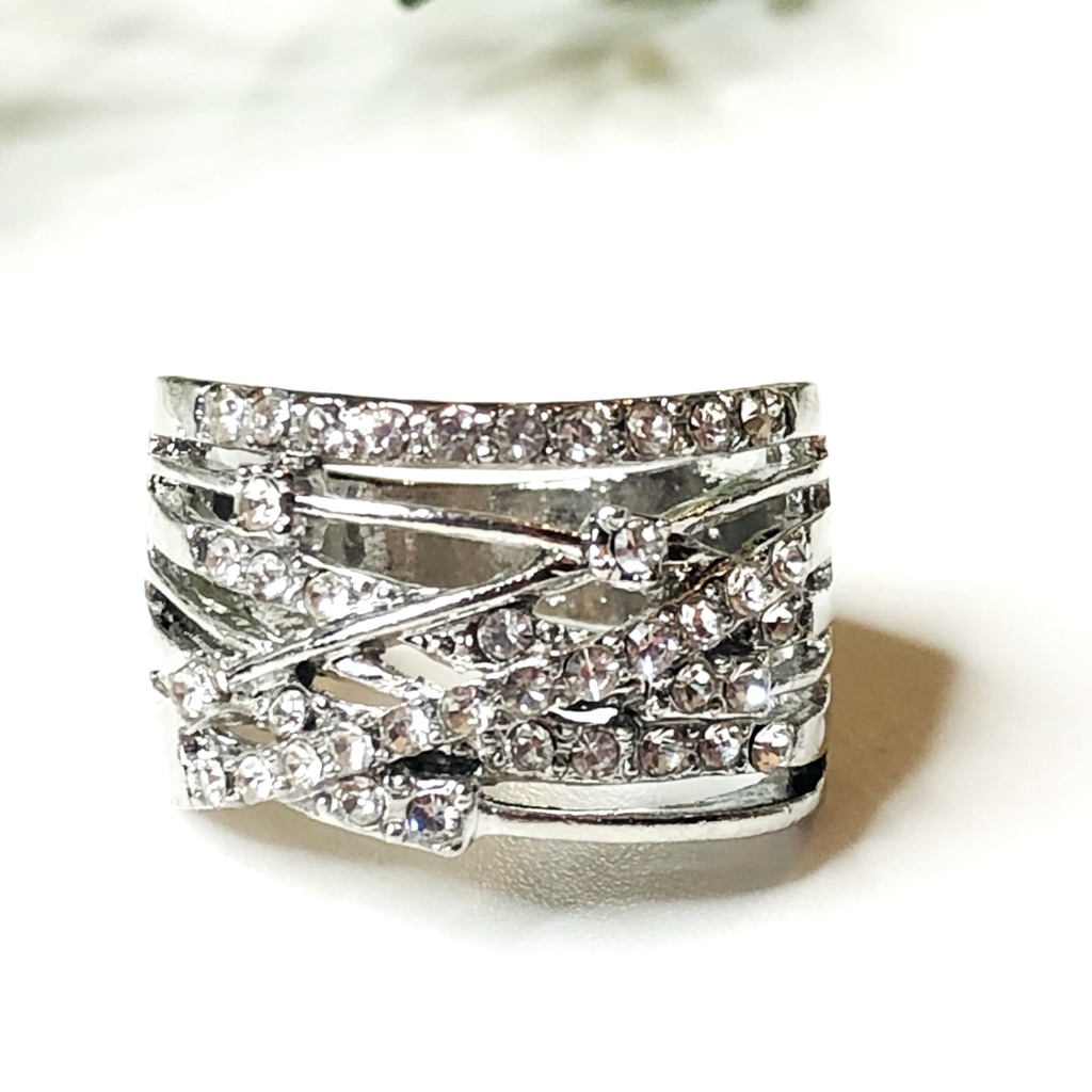 Silver Zircon Layered Ring Looks Stacked Bling Glitzy Zirconia New